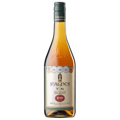 Bottle of St. Agnes VS Brandy on a gray background