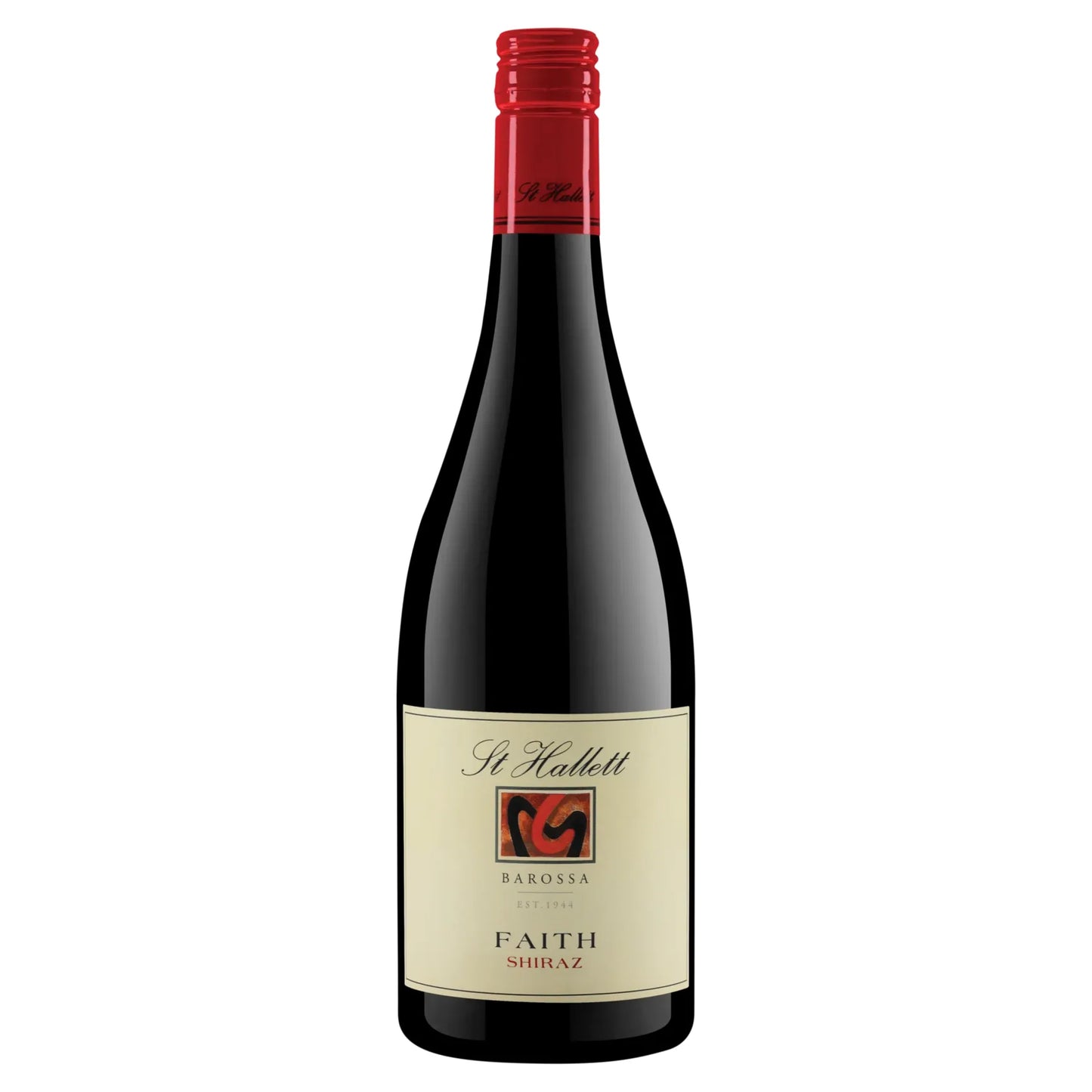 Wine bottle with red cap and visible label on a white background