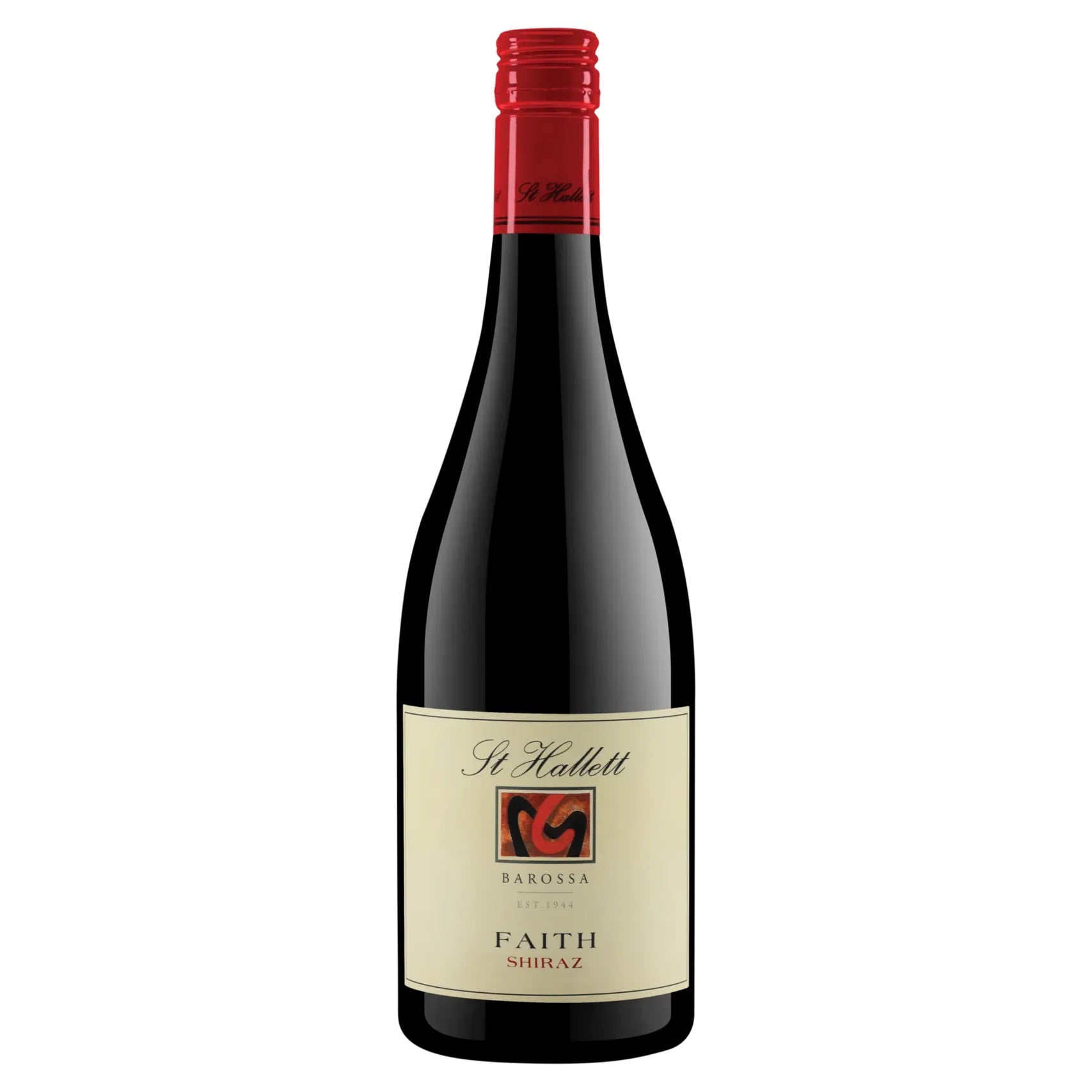 Wine bottle with red cap and visible label on a white background