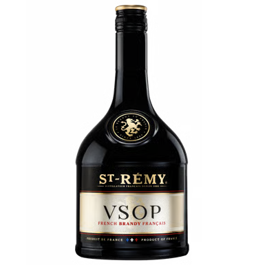 Bottle of St-Remy VSOP French Brandy Français on a gray background