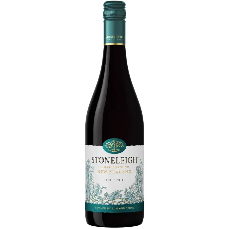 A bottle of Stoneleigh Marlborough New Zealand Pinot Noir red wine, featuring a dark glass bottle with a white and teal label and a teal screw cap.