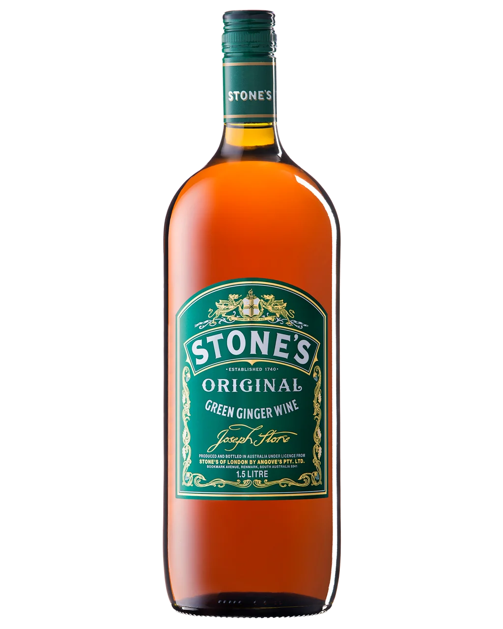 A 1.75L bottle of Stone's Original Green Ginger Wine, featuring a dark green label and neck wrap with white and gold lettering, filled with amber-colored liquid, set against a plain white background.
