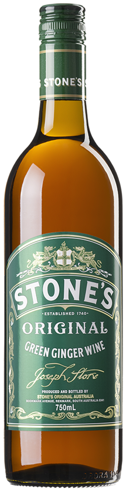 A bottle of Stone's Original Green Ginger Wine, 750ml, featuring a dark green label and a dark green screw cap, with amber-colored liquid inside.