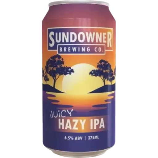 Sundowner Brewing Co. Juicy Hazy IPA can with sunset design on a white background