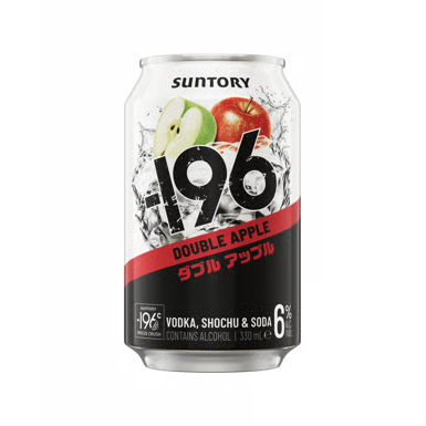 A 330 ml can of Suntory 196 Double Apple Vodka, Shochu & Soda, featuring a white and black label with red and green apple graphics, isolated on a white background.