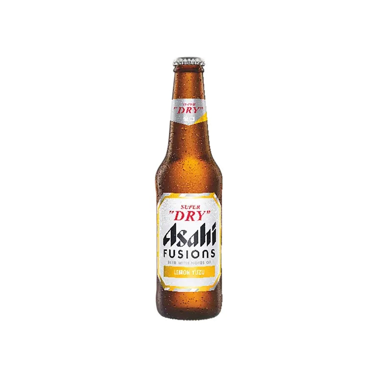Asahi Super Dry Fusion beer bottle on a white background