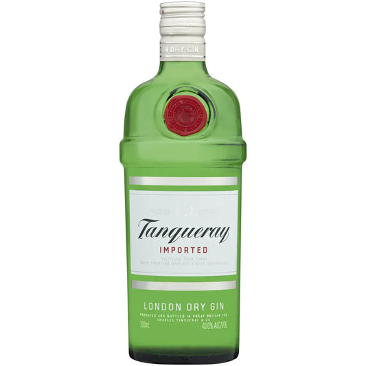 Tanqueray gin bottle with green body and white label