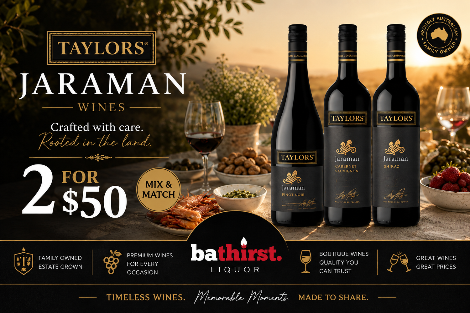 taylors Jaraman promotional text with 3 wine bottles and a price 2 for $50