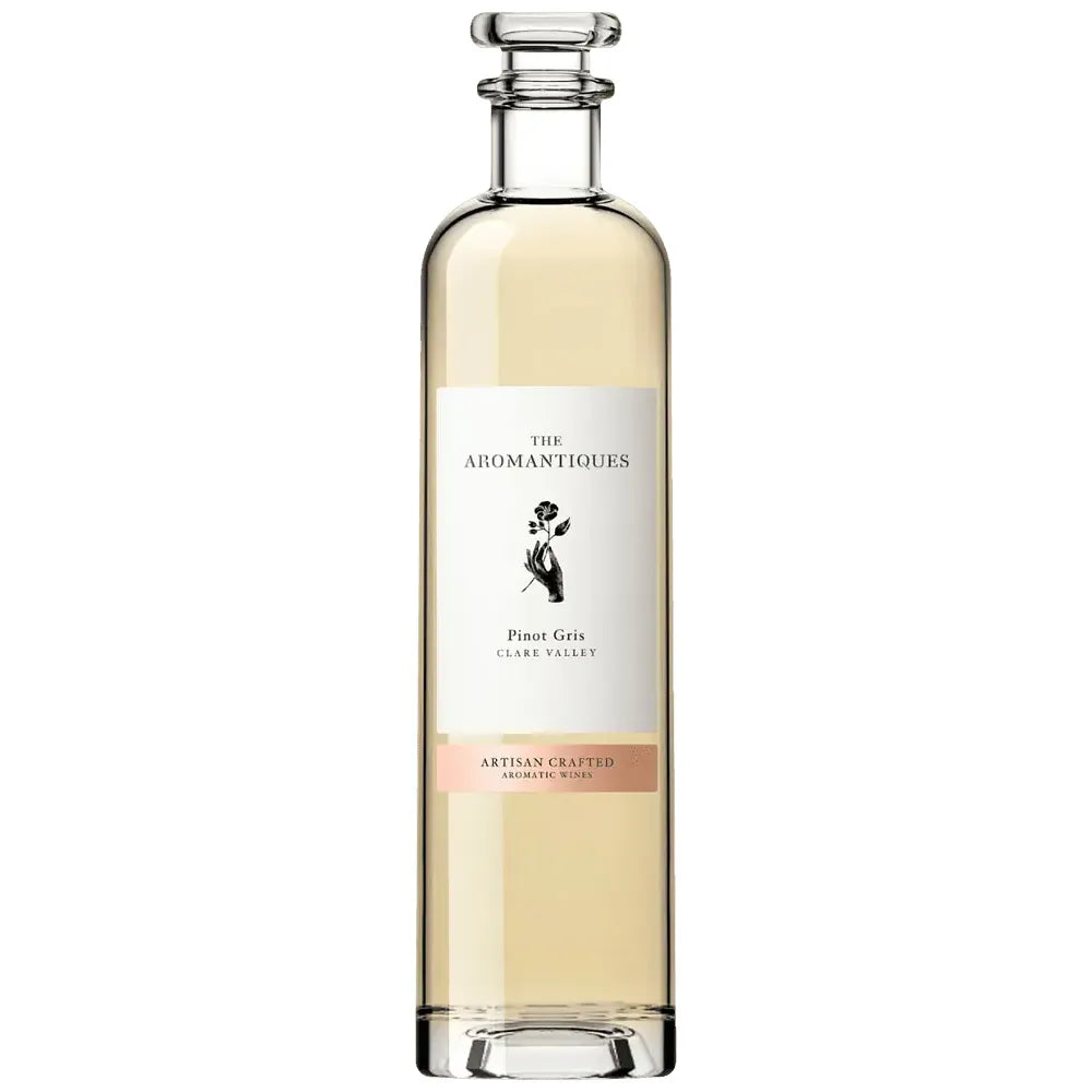 Bottle of Aromantiques Pinot Gris wine on a white background