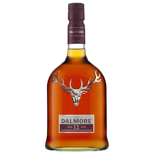 Bottle of Dalmore whisky with a stag logo on a white background