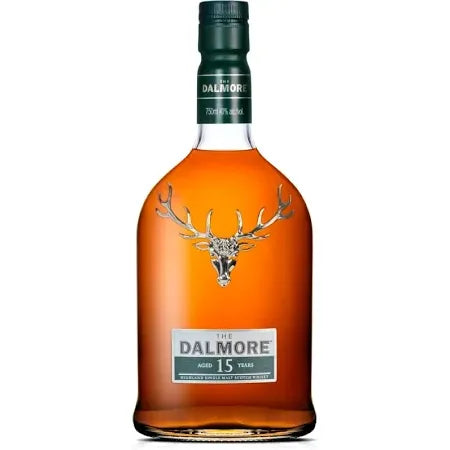 Bottle of The Dalmore whisky with a stag logo on a white background