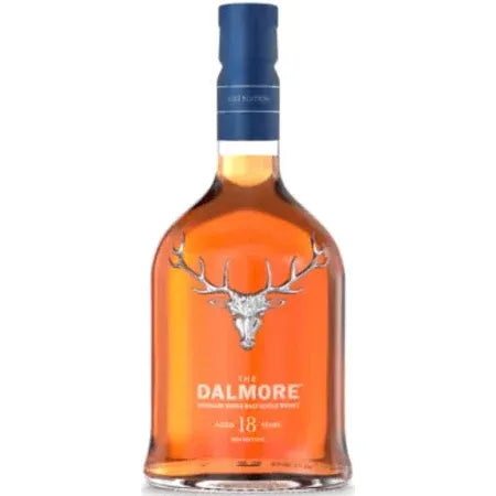 Bottle of The Dalmore whisky with a blue label and orange body.
