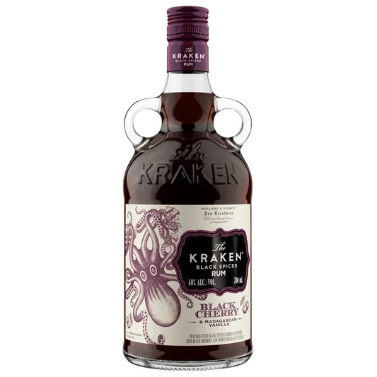 Bottle of The Kraken Black Cherry Rum on a white background