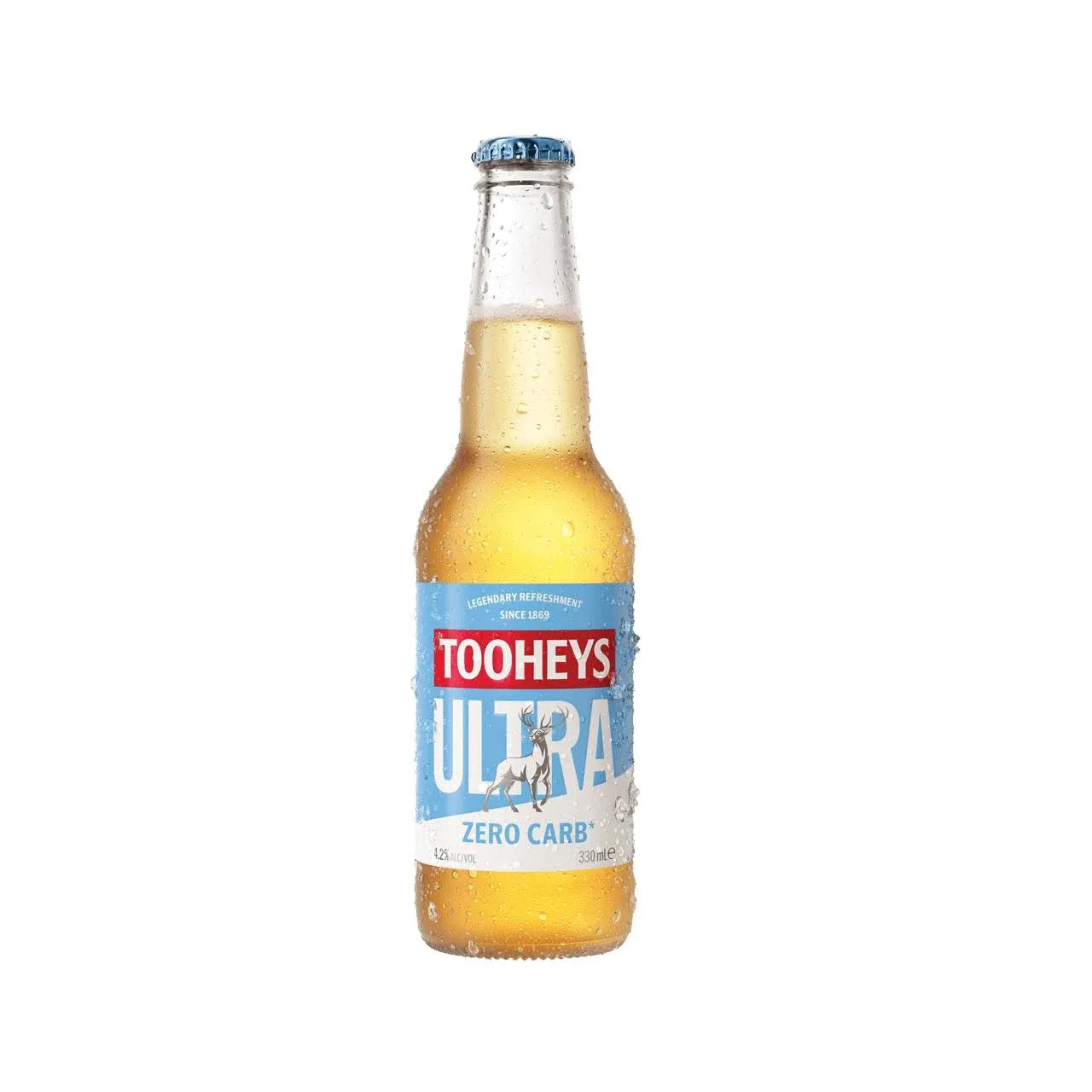 Bottle of Tooheys Ultely Zero Carb on a white background