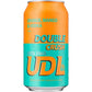 A 330ml aluminum can of UDL Double Crush sparkling drink, featuring a vibrant orange and teal color scheme with condensation droplets. The text reads 'ORANGE, MANGO & VODKA' and 'DOUBLE CRUSH'.