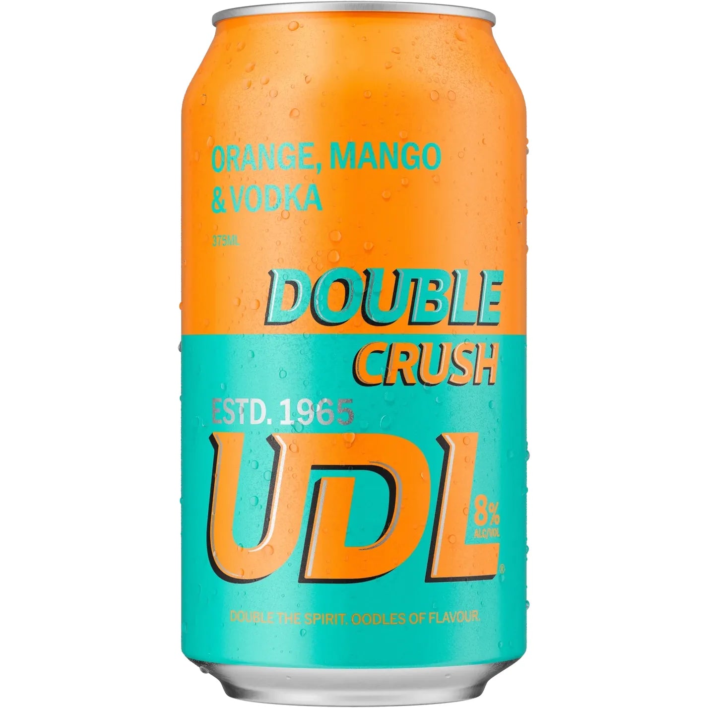 A 330ml aluminum can of UDL Double Crush sparkling drink, featuring a vibrant orange and teal color scheme with condensation droplets. The text reads 'ORANGE, MANGO & VODKA' and 'DOUBLE CRUSH'.