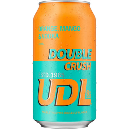 A 330ml aluminum can of UDL Double Crush sparkling drink, featuring a vibrant orange and teal color scheme with condensation droplets. The text reads 'ORANGE, MANGO & VODKA' and 'DOUBLE CRUSH'.