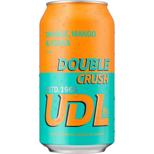 A 330ml aluminum can of UDL Double Crush sparkling drink, featuring a vibrant orange and teal color scheme with condensation droplets. The text reads 'ORANGE, MANGO & VODKA' and 'DOUBLE CRUSH'.