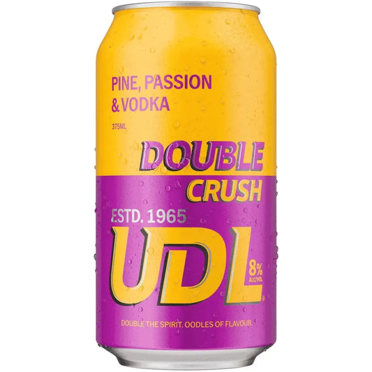 A 375ml aluminum can of UDL Double Crush beverage, featuring a bright yellow top half and a purple bottom half with bold yellow and purple lettering.