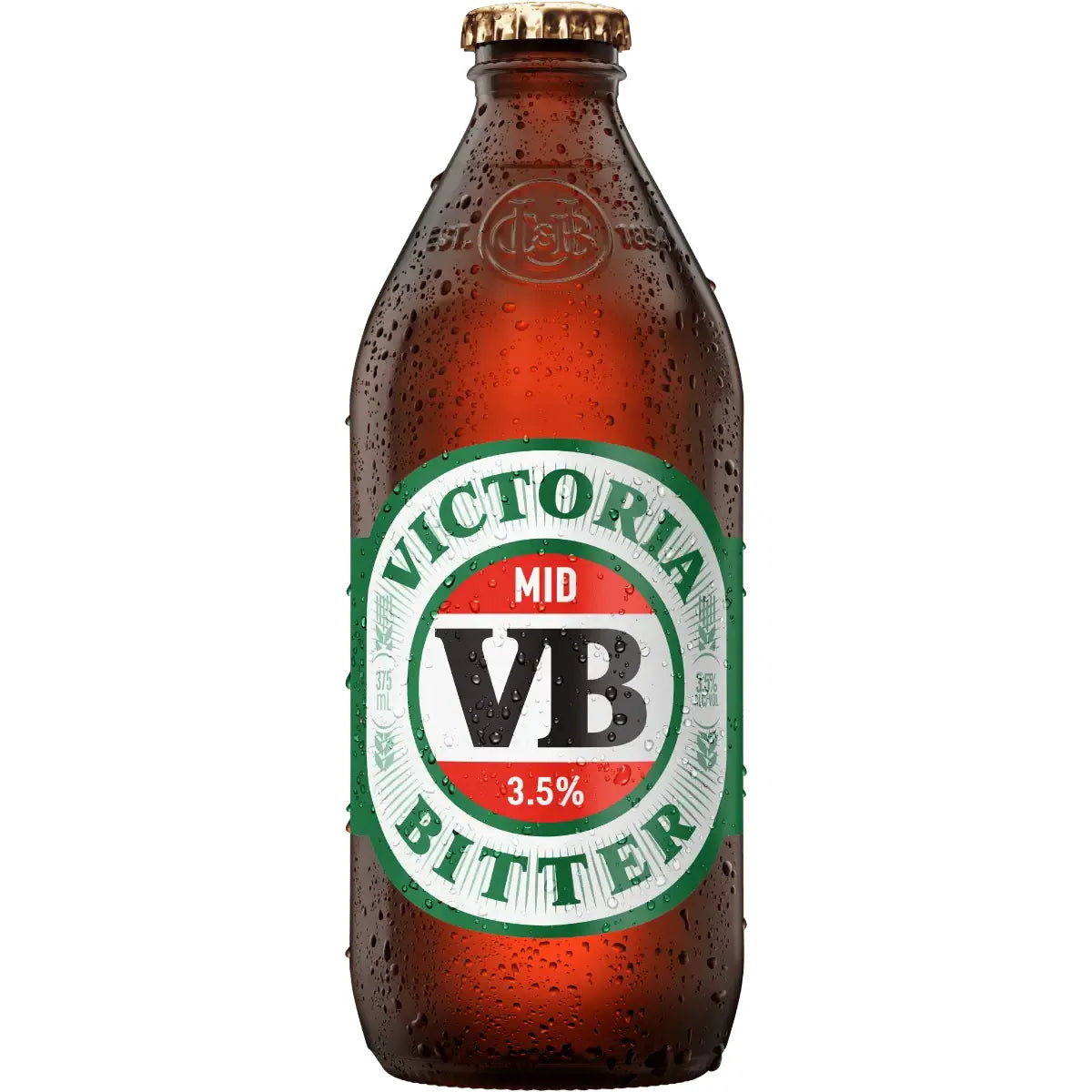 Brown beer bottle with Victoria Bitter label on a white background