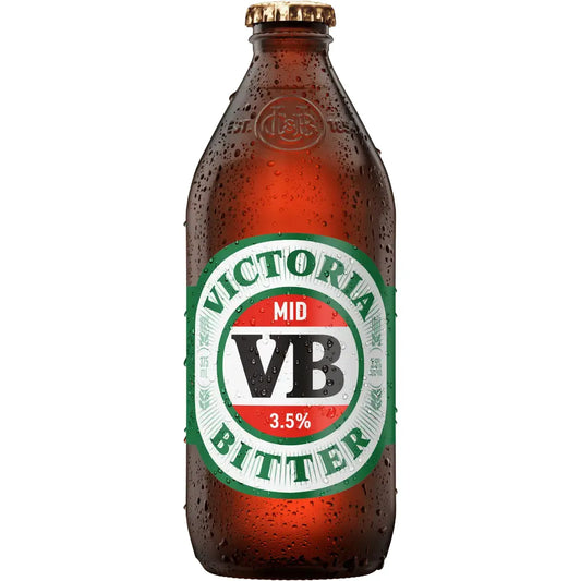 Brown beer bottle with Victoria Bitter label on a white background
