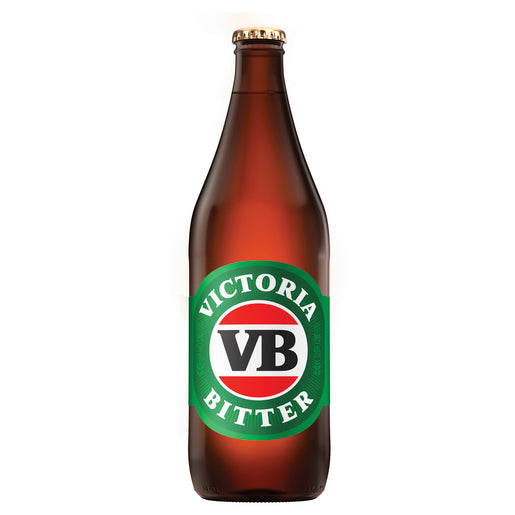 Brown bottle of Victoria Bitter with a green label on a white background