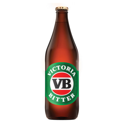 Brown bottle of Victoria Bitter with a green label on a white background