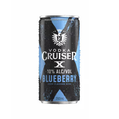 Vodka Cruiser X Blueberry can on a gray background