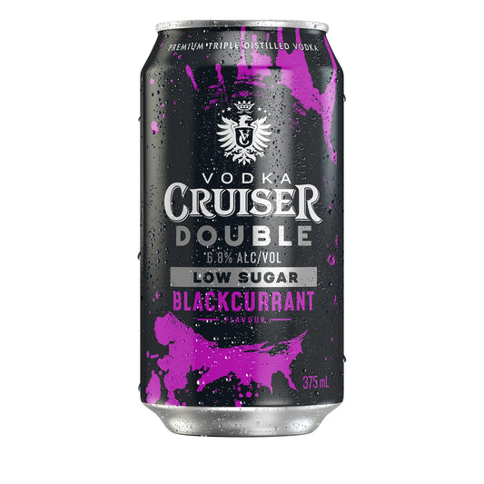 Vodka Cruiser Double Blackcurrant can with purple splashes on a black background