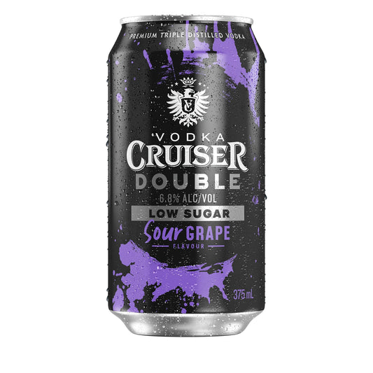 Vodka Cruiser Double Sour Grape can with purple splashes on a white background