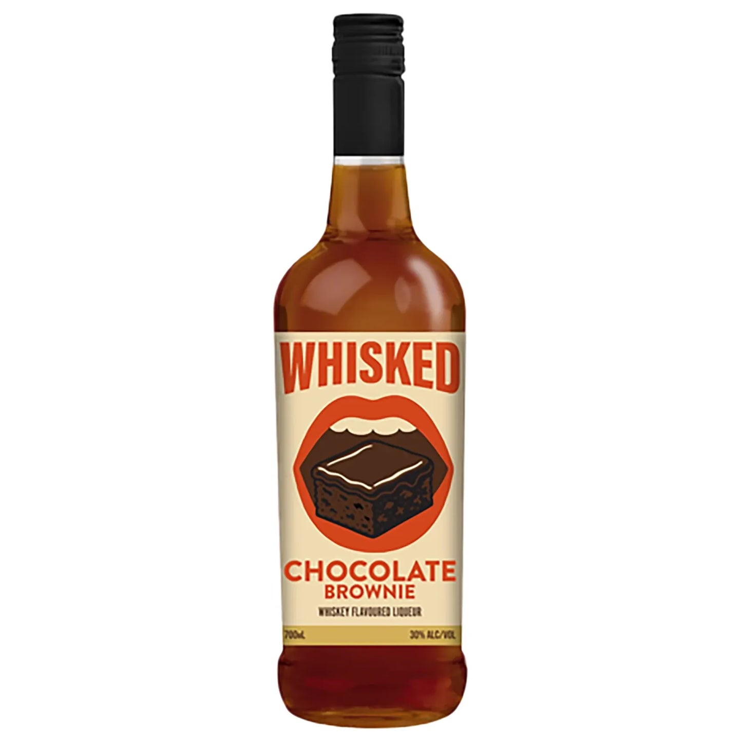 Bottle of Whisked Chocolate Brownie whiskey-flavored liqueur on a white background