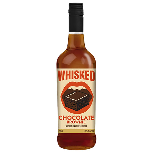 Bottle of Whisked Chocolate Brownie whiskey-flavored liqueur on a white background
