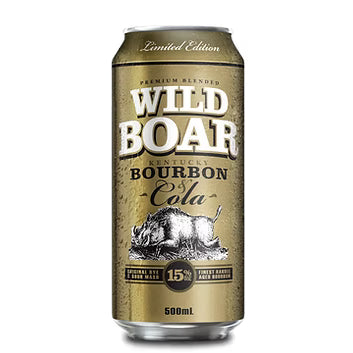 Can of Wild Boar Bourbon & Cola with a bear graphic on a gold background