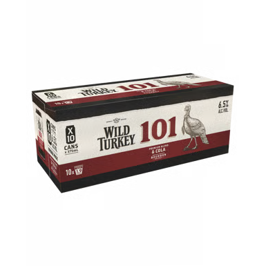 Box of Wild Turkey 101 bourbon cans on a dark background