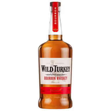 Wild Turkey bourbon whiskey bottle on a gray background