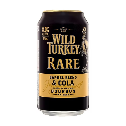Can of Wild Turkey Rare Barrel Blend & Cola bourbon whiskey on a white background