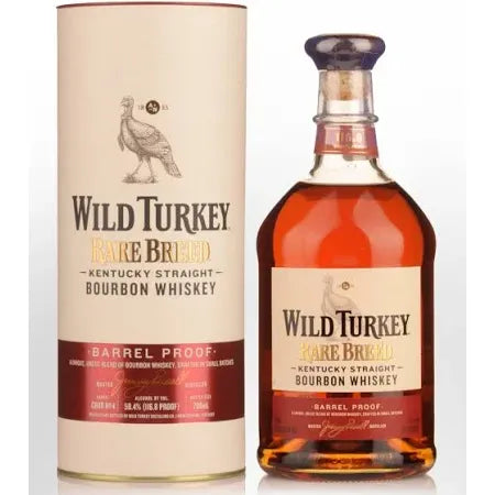 Wild Turkey bourbon whiskey bottle and packaging on a white background