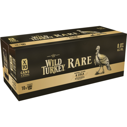 Box of Wild Turkey Rare bourbon cans on a white background