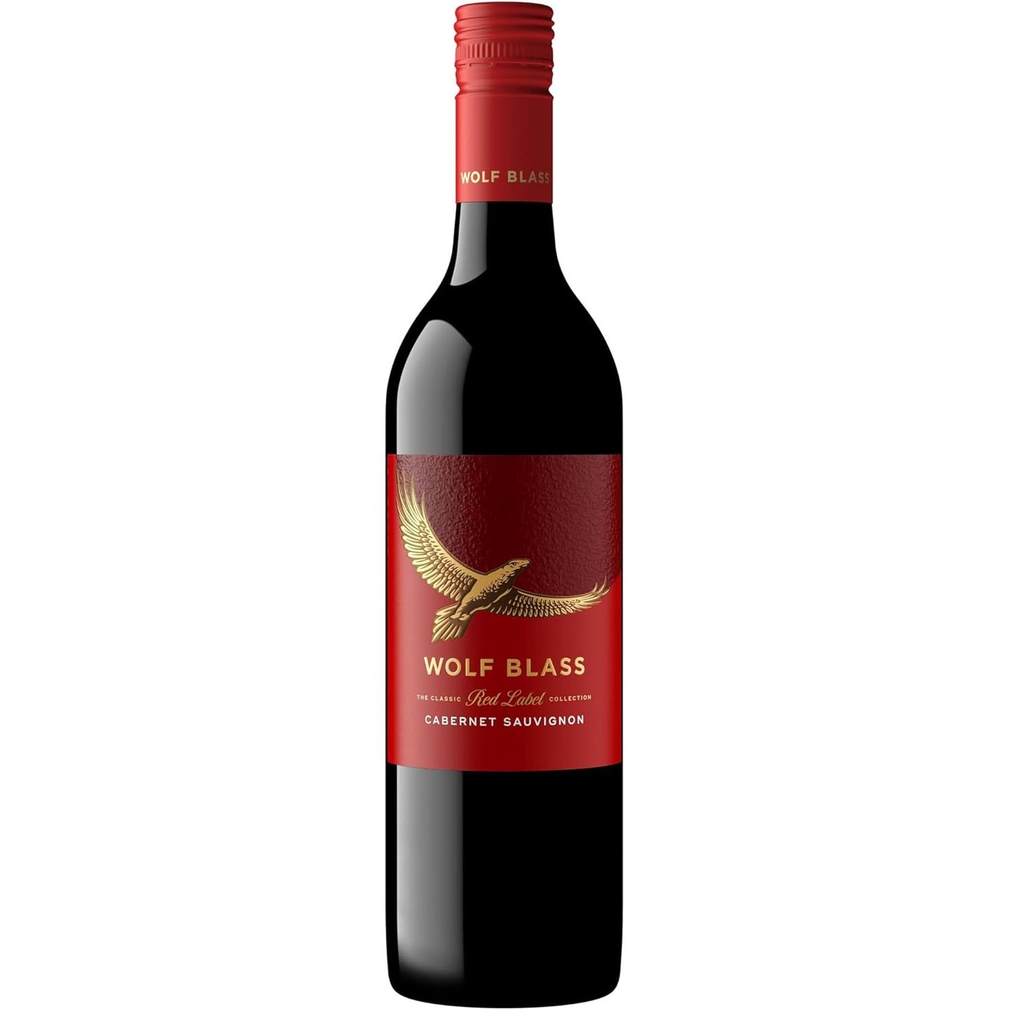 Red wine bottle with a red label featuring a gold eagle emblem, labeled 'Wolf Blass'.