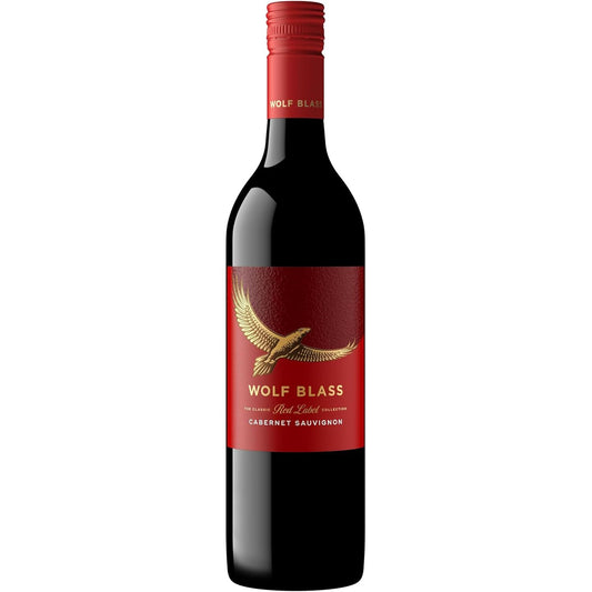 Red wine bottle with a red label featuring a gold eagle emblem, labeled 'Wolf Blass'.
