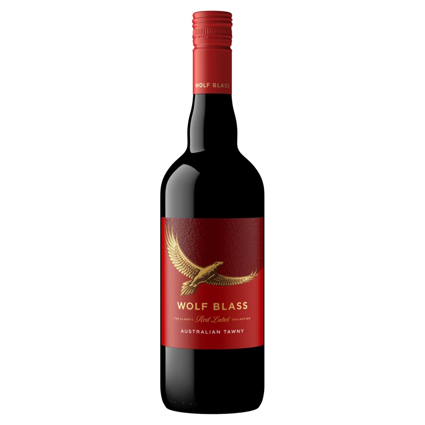 Wolf Blass wine bottle with red label on a white background