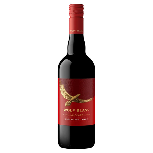 Wolf Blass wine bottle with red label on a white background