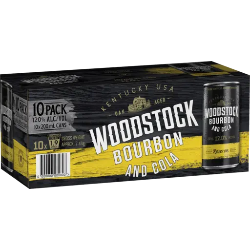 10-pack of Woodstock Bourbon and Cola cans with black and yellow packaging.