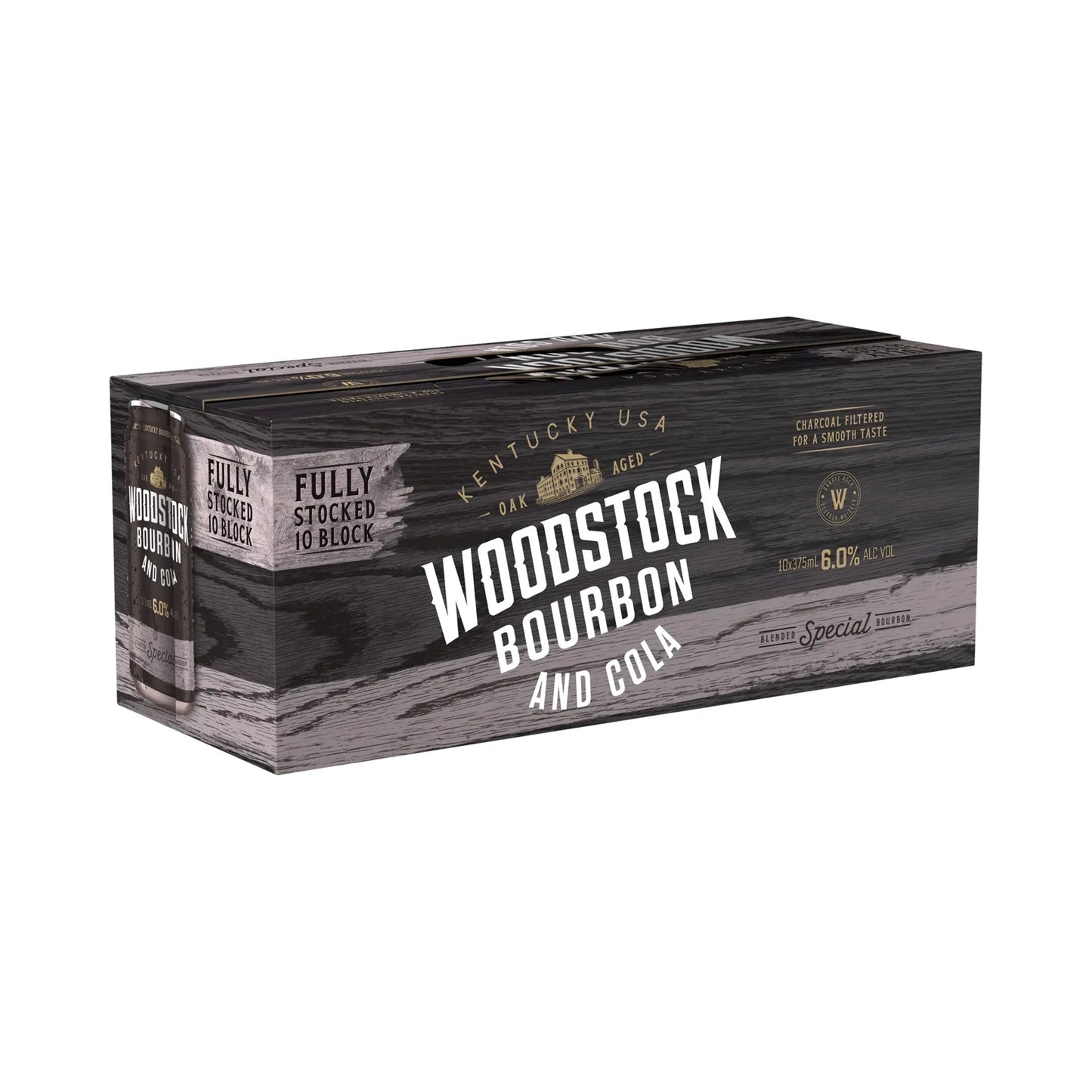 Box of Woodstock Bourbon and Cola on a white background