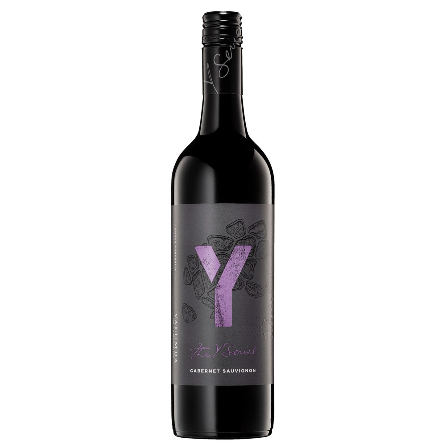 Wine bottle with a dark label featuring a purple 'Y' on a white background
