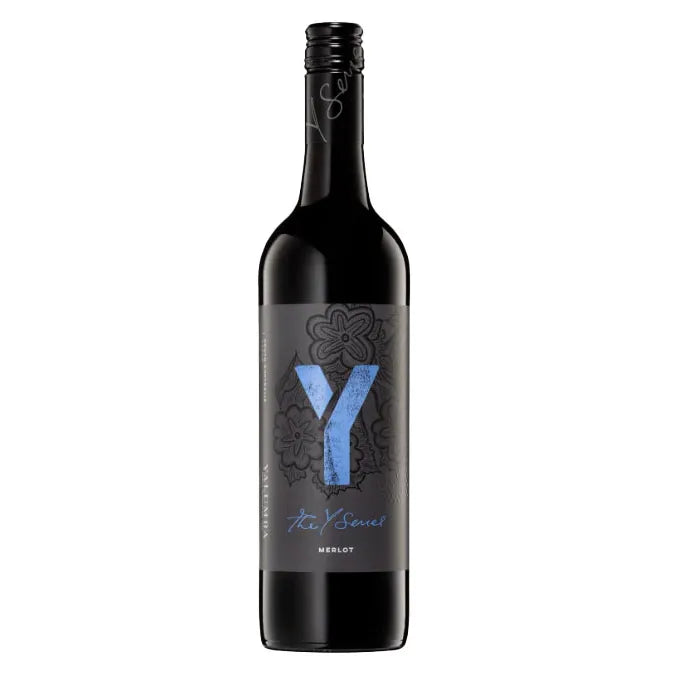 Wine bottle with a decorative label featuring the letter 'Y' on a white background
