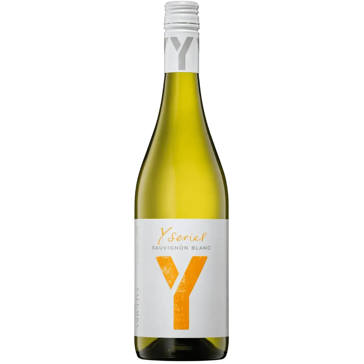 White wine bottle with a white label featuring an orange 'Y' on a white background