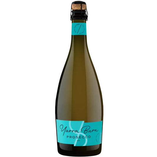 Bottle of Yarra Burn Prosecco with a blue label on a white background