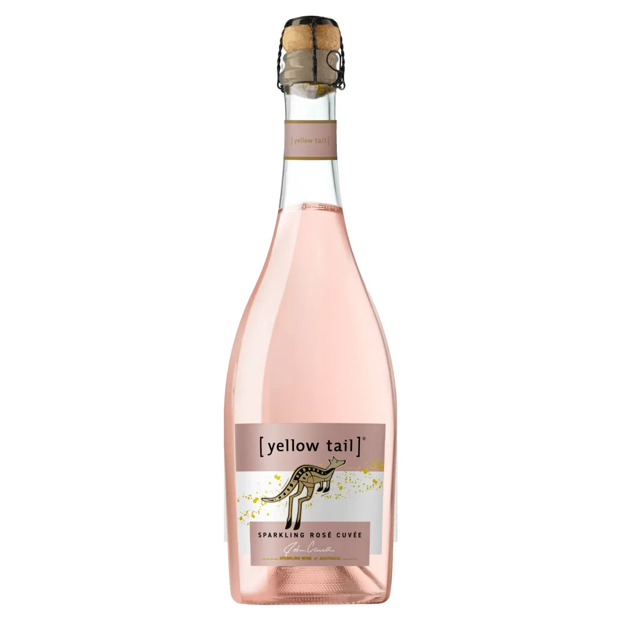 Bottle of Yellow Tail sparkling rose wine on a white background