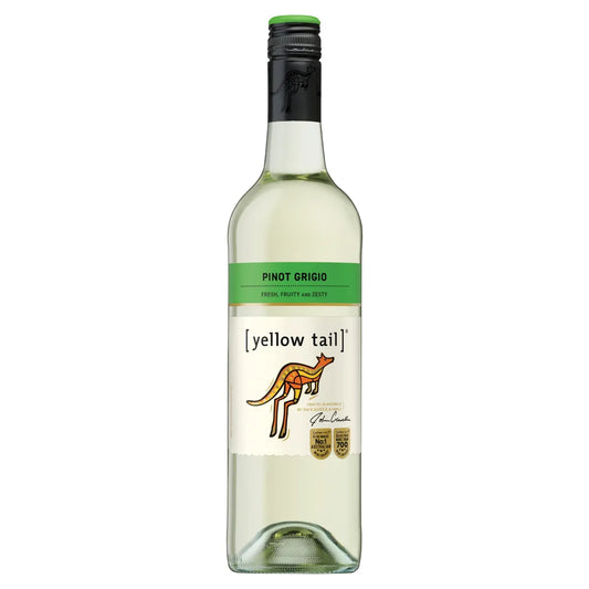 Yellow Tail Pinot Grigio wine bottle on a white background